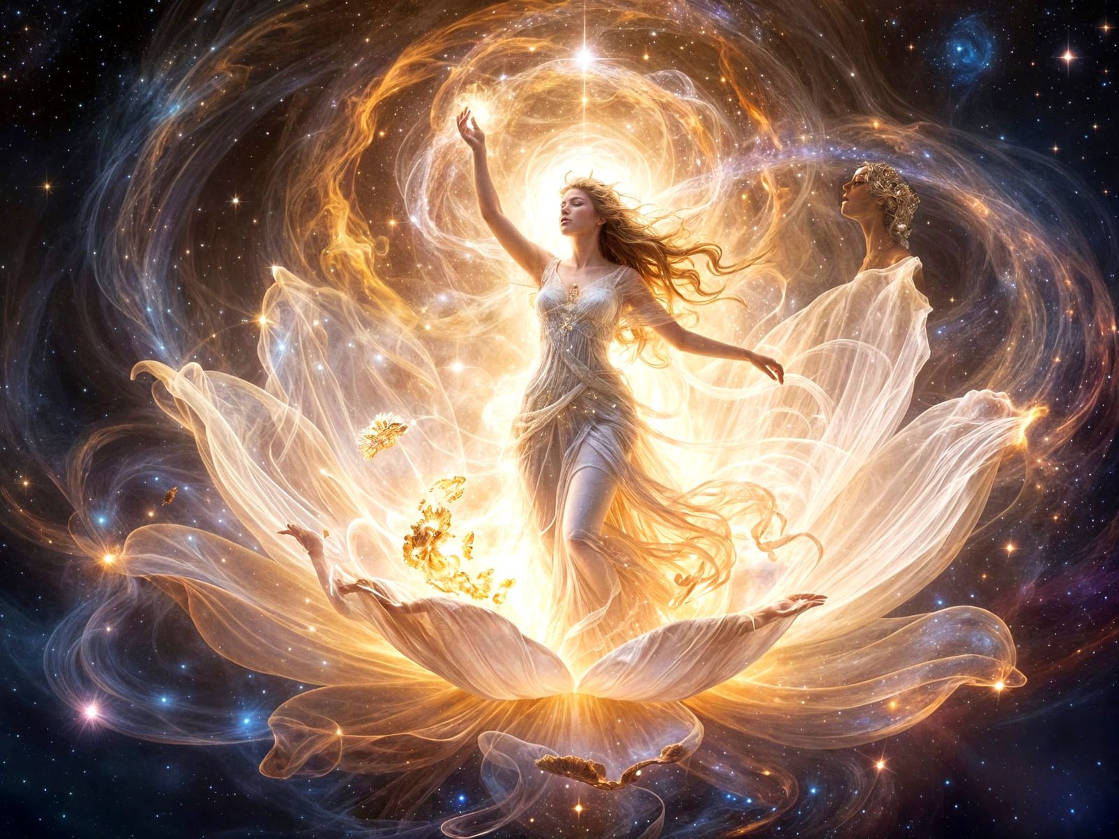 Goddess of Renewal Emerges from Cosmic Flower