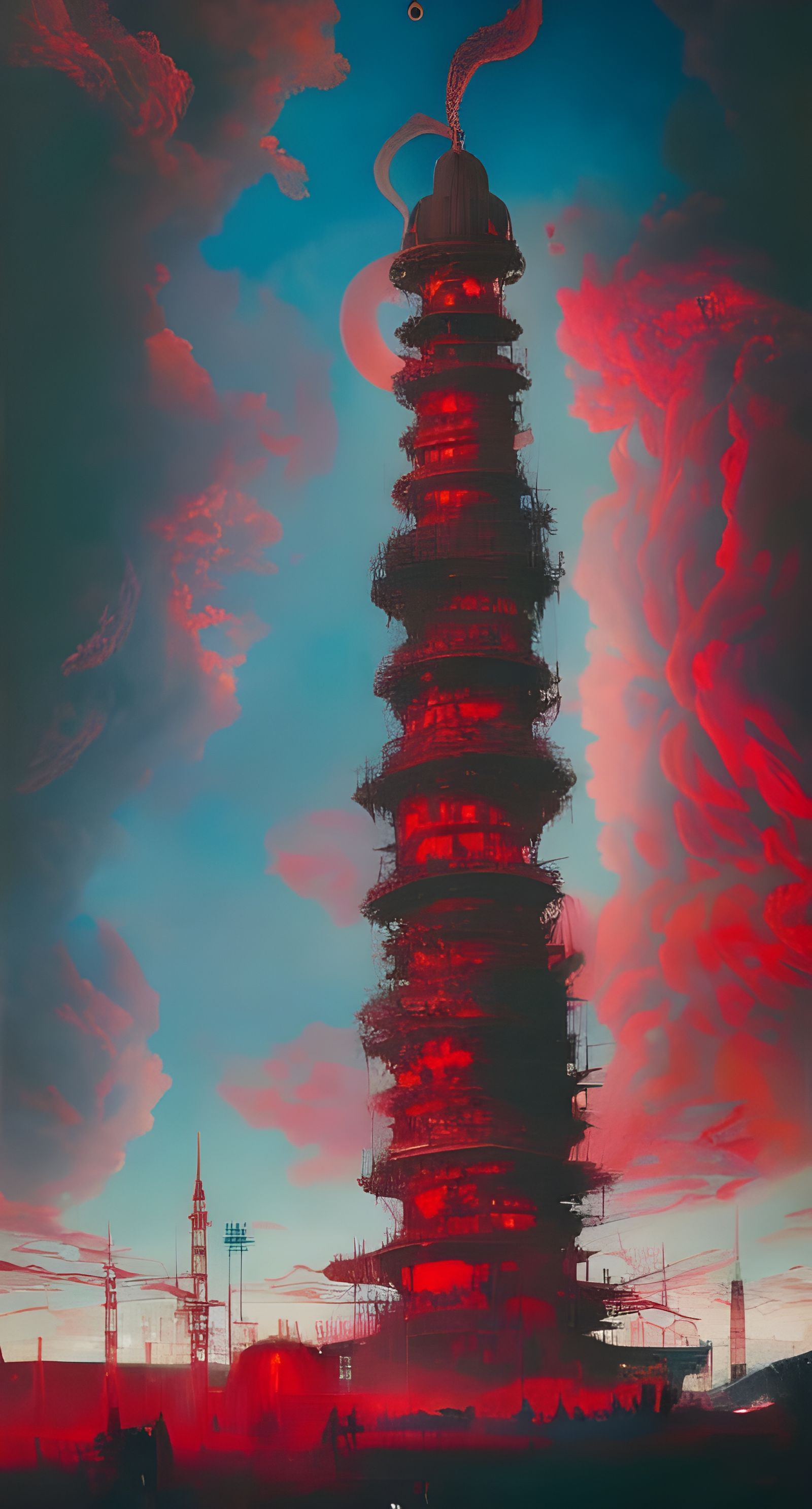 Surreal Red Tower Under Cloudy Sky