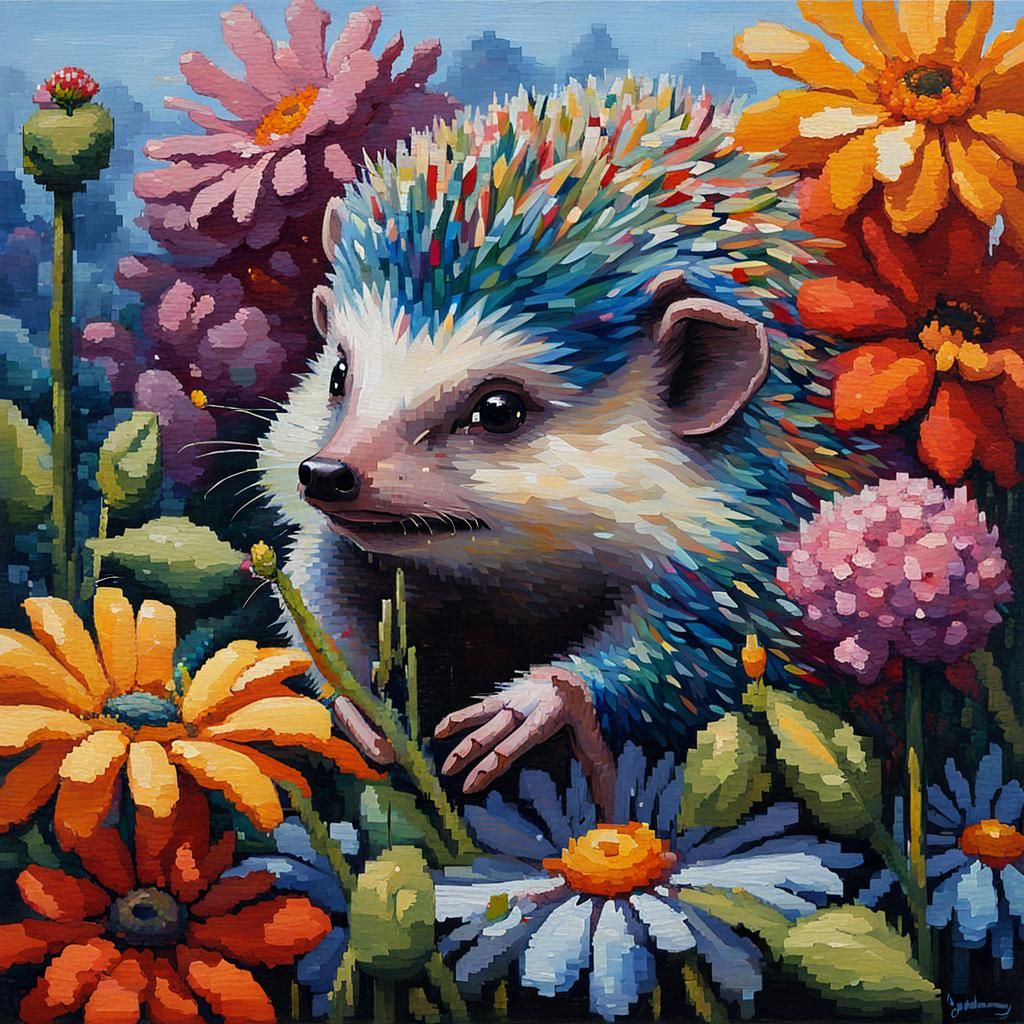 Make pixelated art of a hedgehog holding a flower.