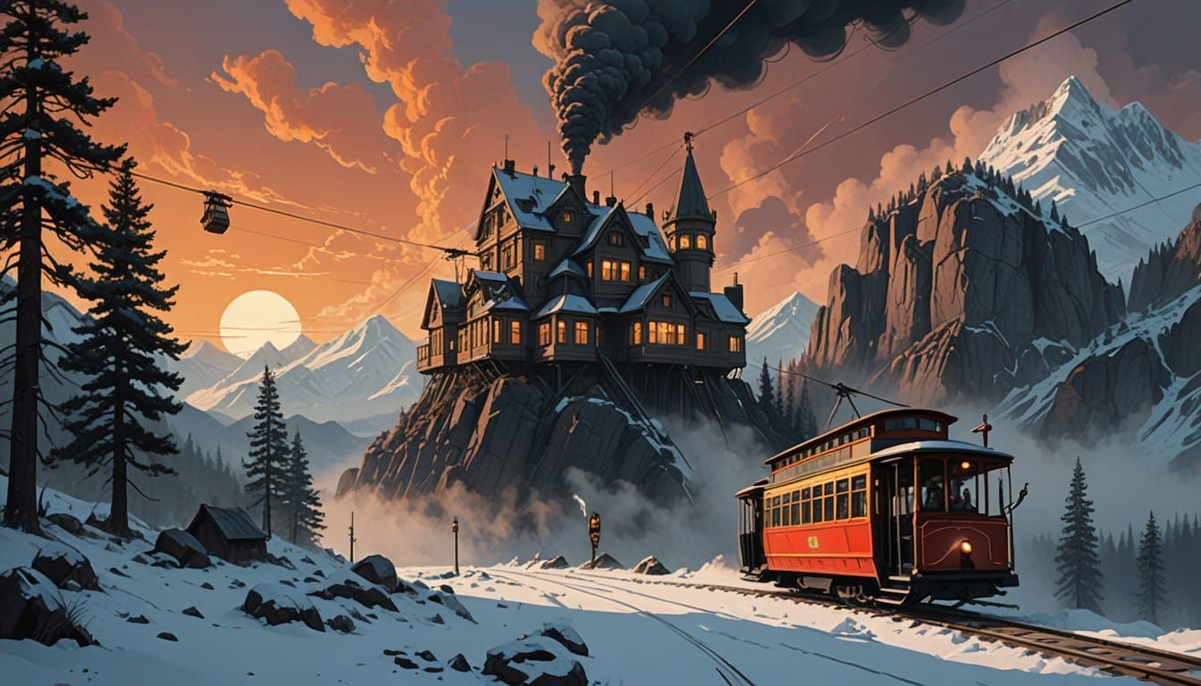 Steam-Powered Cable Car Ascends Gothic Summit Amidst Fiery S...