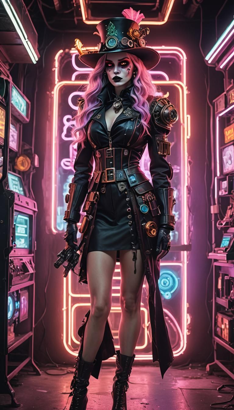 Steampunk Woman with Bio-Mechanical Hand in Neon Light