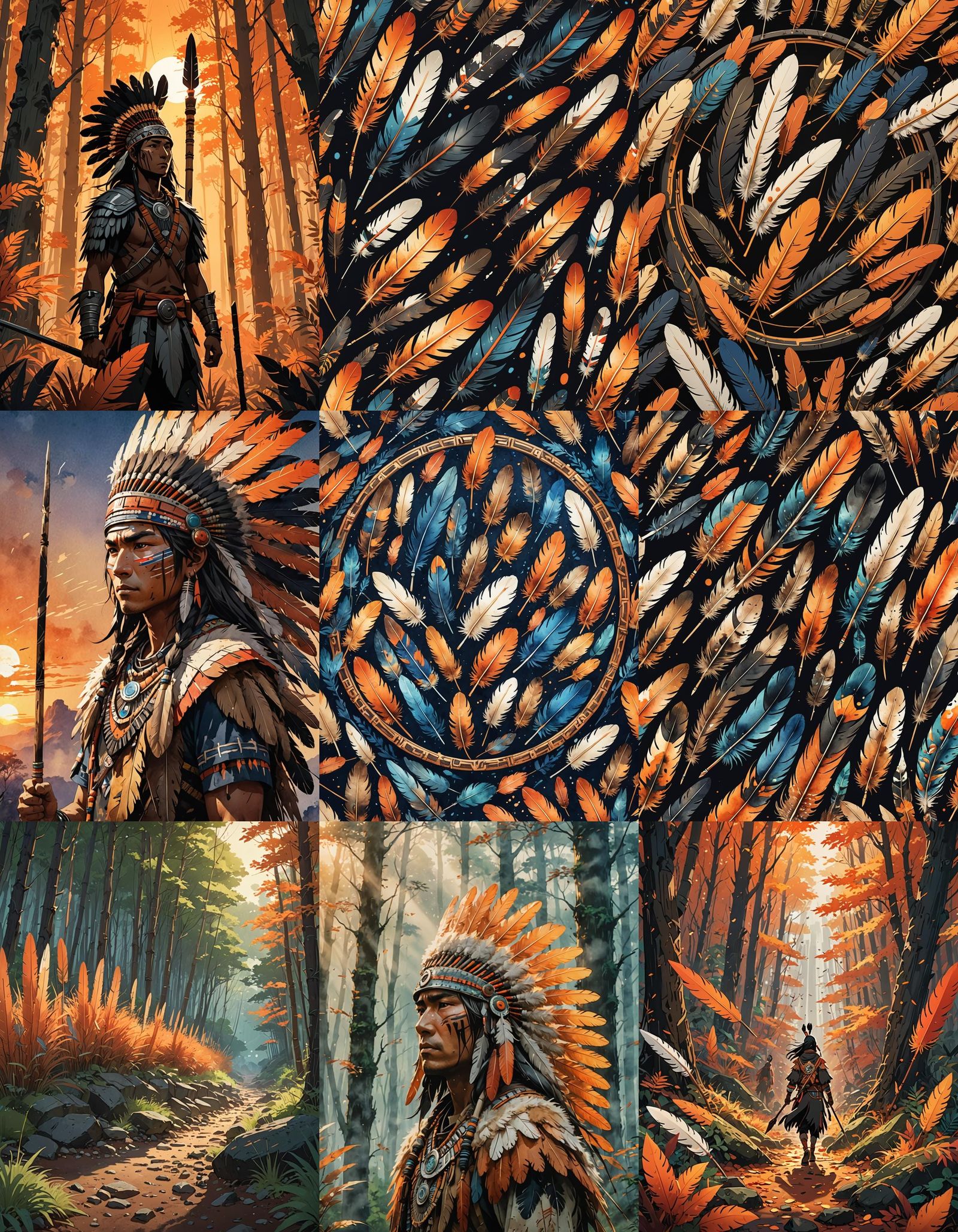 Native American Feathers and Spears in Anime Style