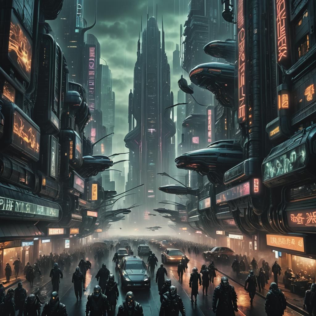 Cyberpunk Cityscape with Flying Cars and Neon Lights