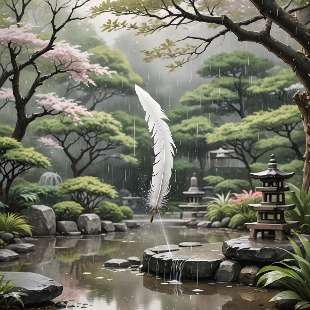 White Feather Falling in Gentle Rain: Anime Art