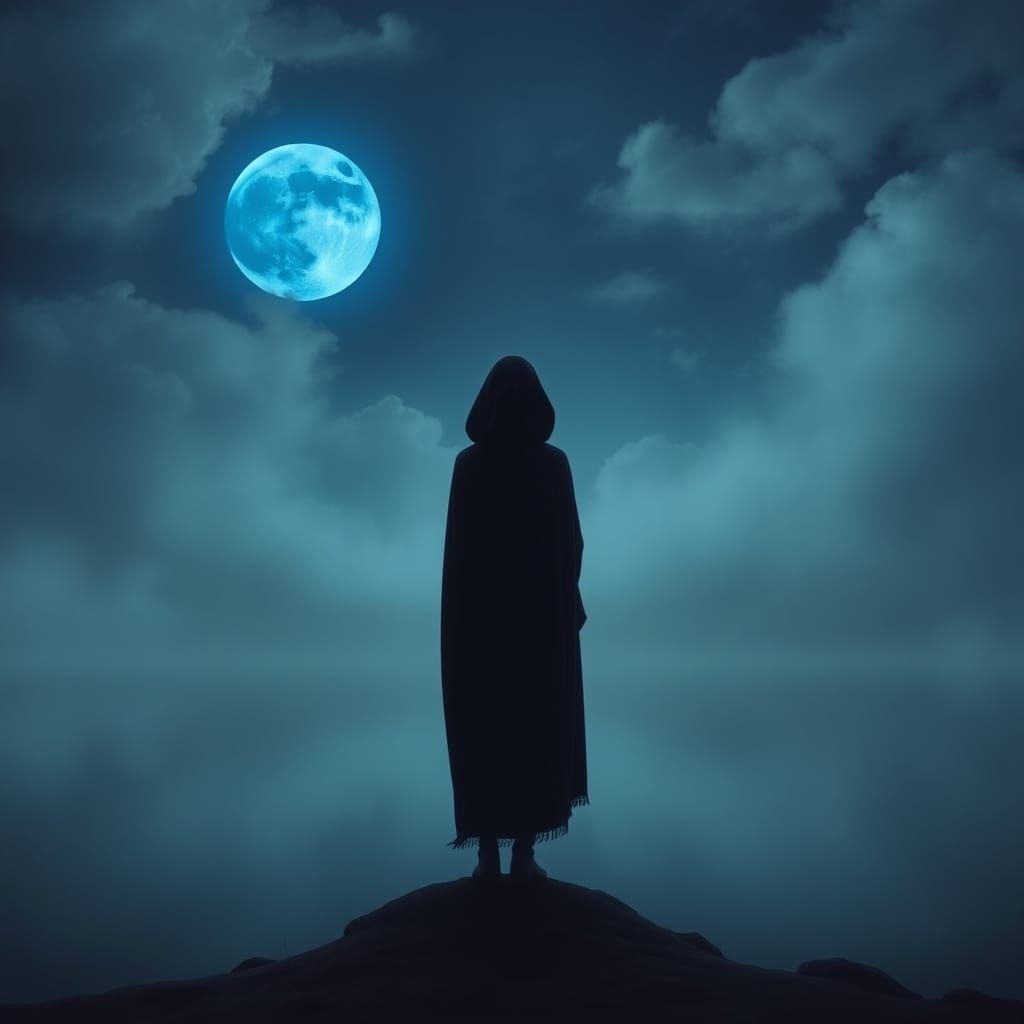 Serene Woman Contemplates Blue Moonlit Lake