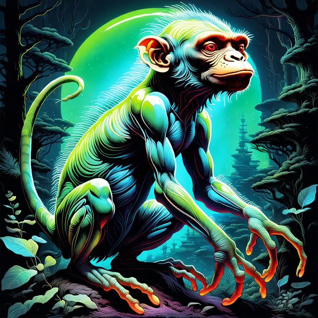 Neon Monkeysaur in Mythical Landscape, Dark Art