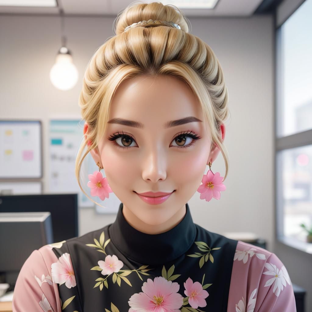 Smiling Blond Woman in Office, Anime Style