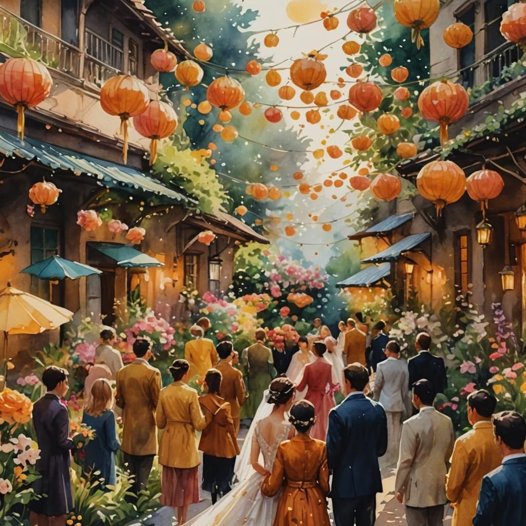 Bride and Groom Embrace in Watercolor Garden