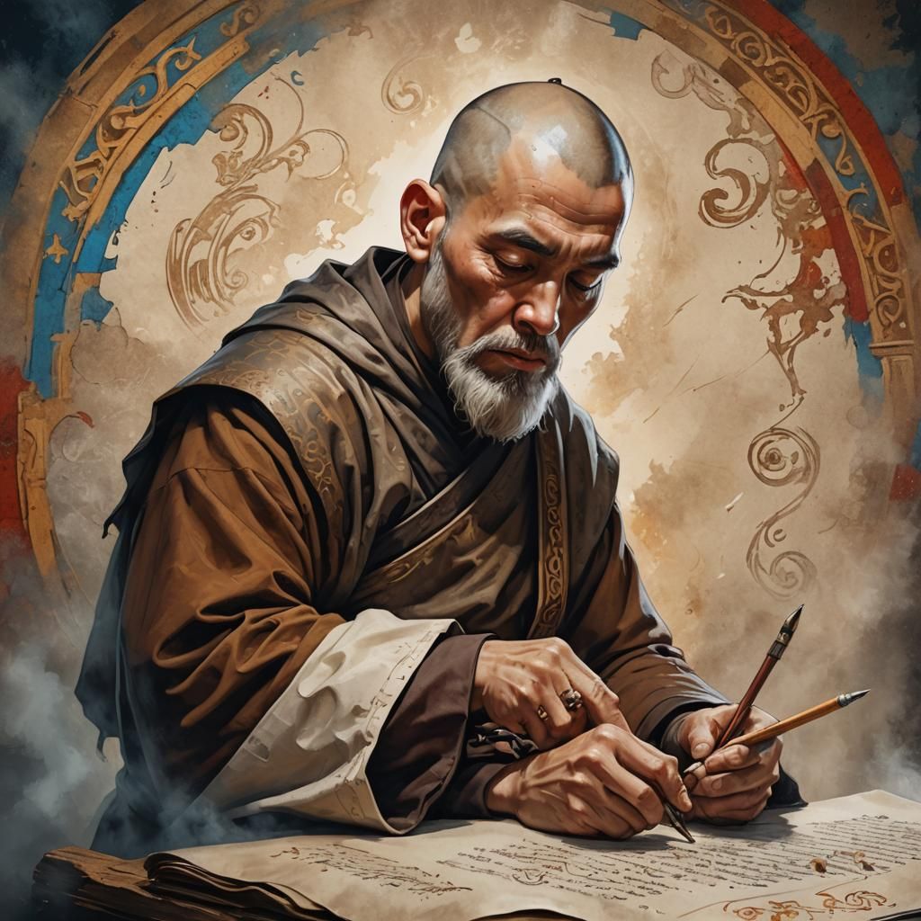 Medieval monk writing on a scroll Hyperrealistic, splash art, concept art, mid shot, intricately detailed, color depth, ...