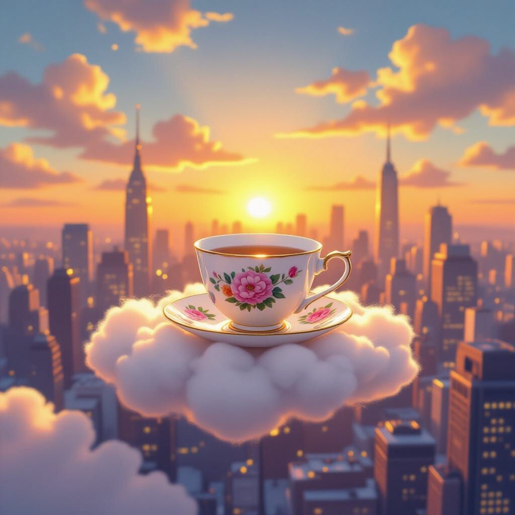 Teacup on Cloud Above Cityscape in Whimsical Style