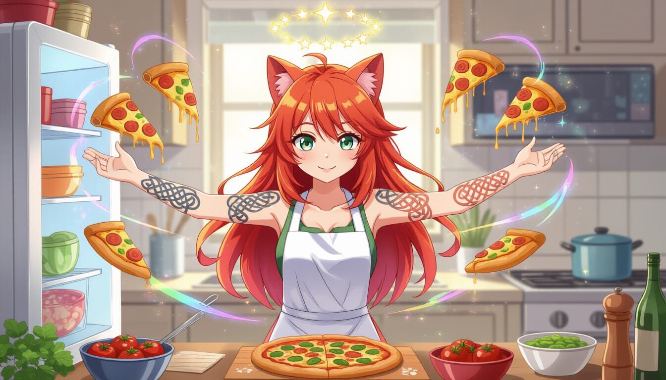 Red Haired Cat Girl Making Pizza with Celtic Tattoos