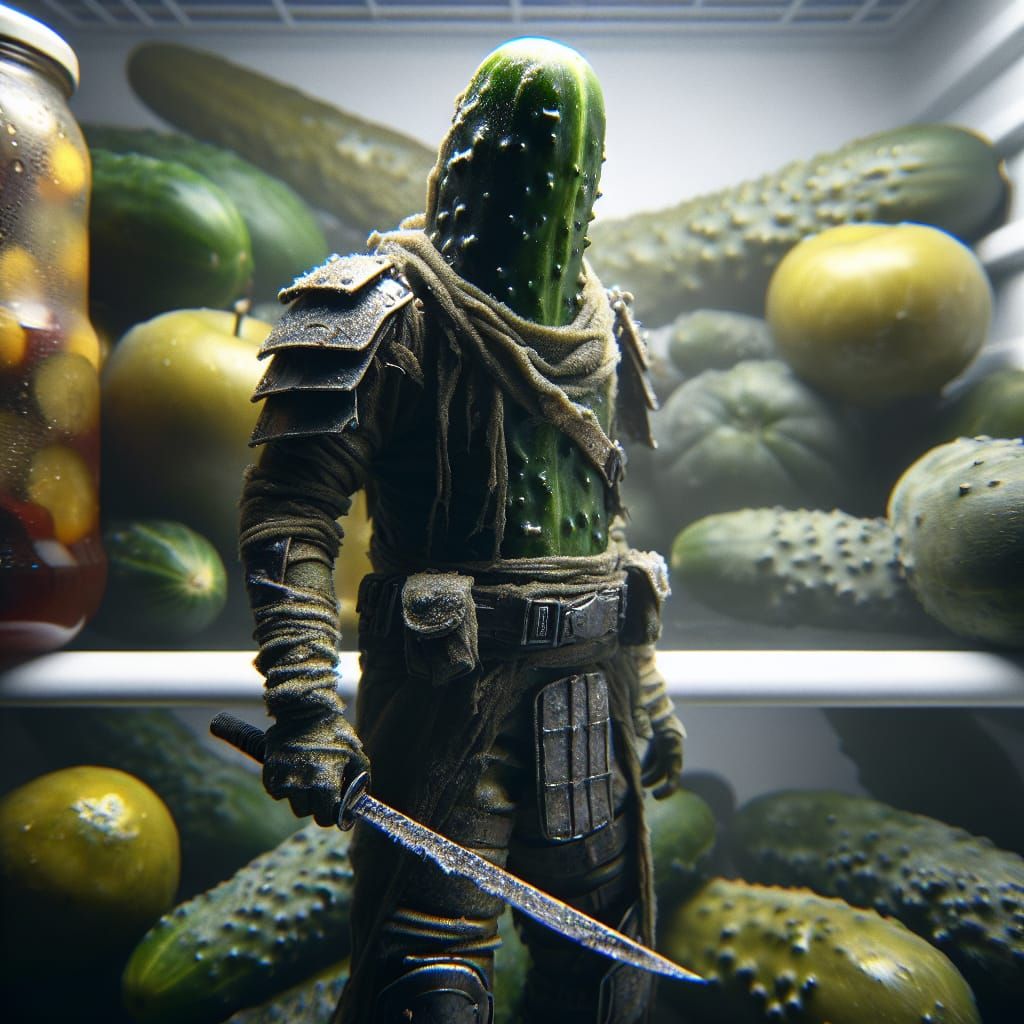 Pickle Warrior in Dystopian Refrigerator, Hyperrealistic Pho...