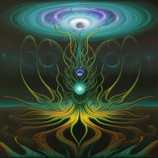 Alien in Swirling Cosmic Vortex: Surreal Oil Painting