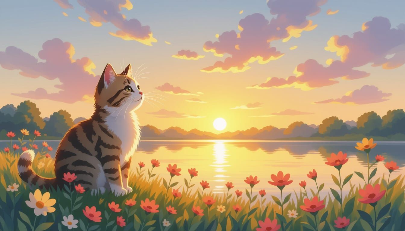 Adorable Cat in Sunrise Landscape, Watercolor Style