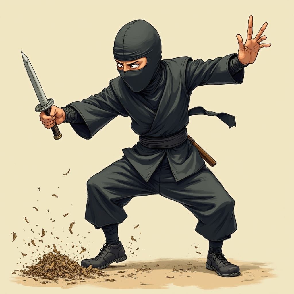 Comical Clumsy Ninja Caricature in Cartoon Style