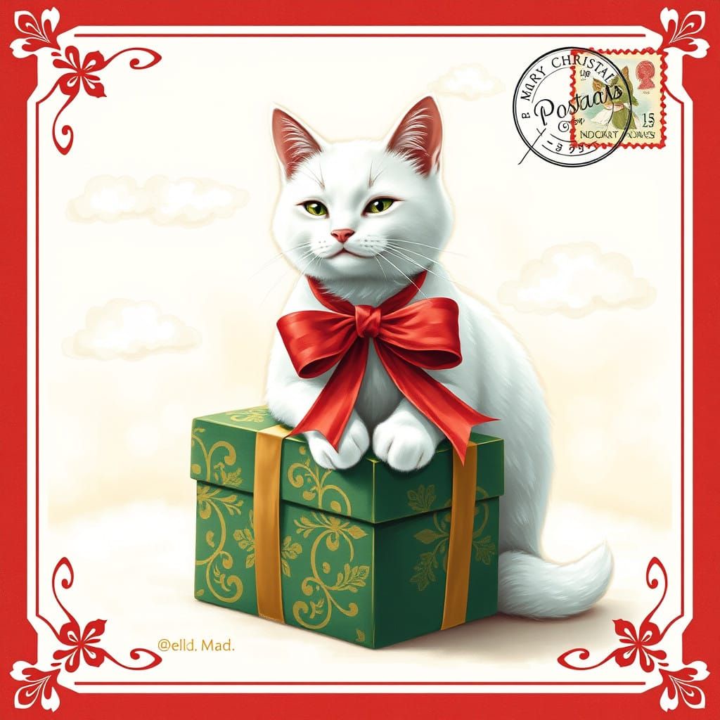 Serene Christmas Scene with Regal Cat and Golden Gift