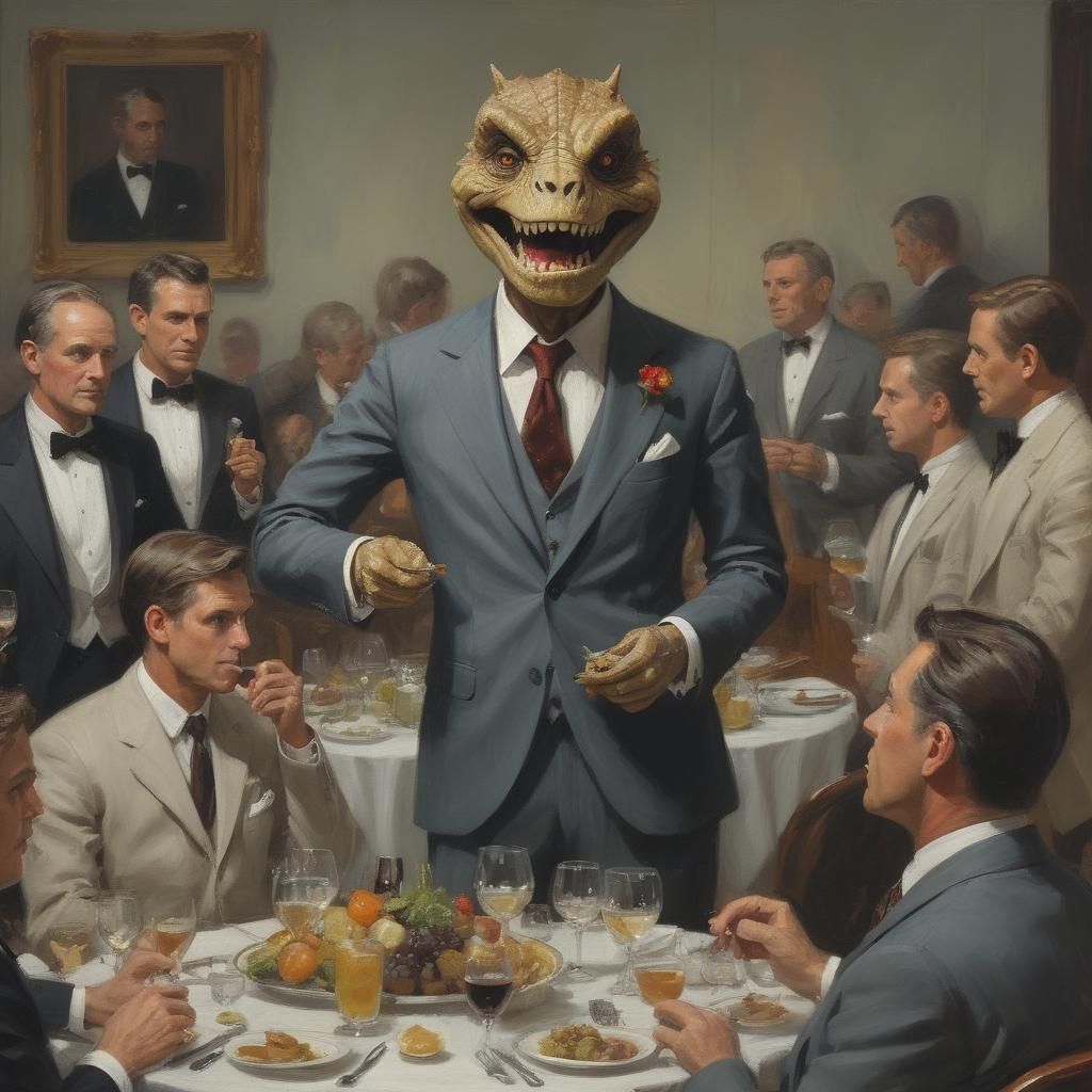 Dinosaur Gentleman at Dinner, Oil Painting