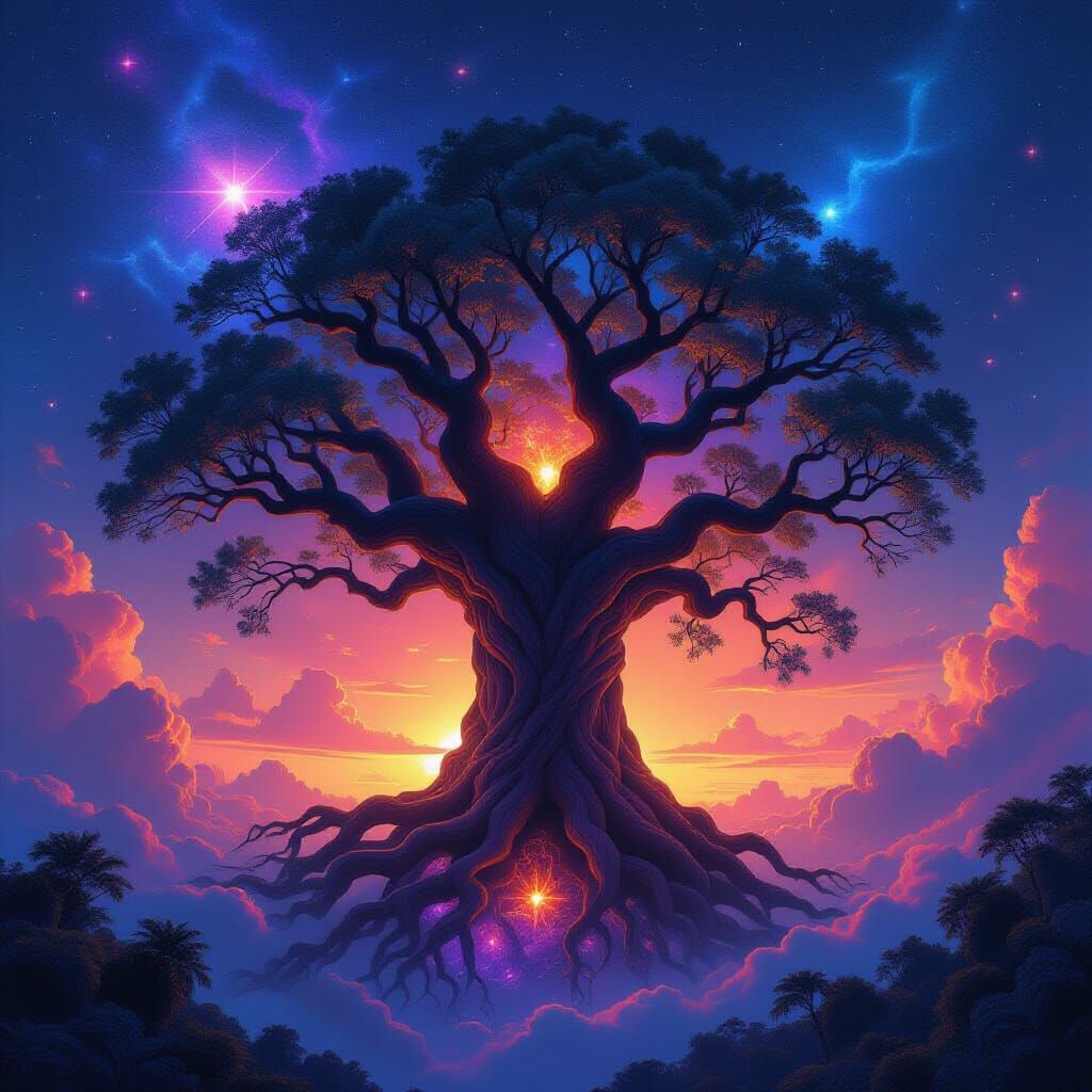 Colossal Nebula Tree Under Binary Sunset
