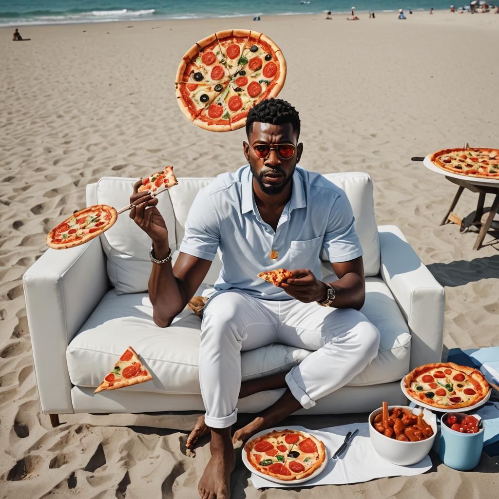 Angry Black Man Avatar on Beach with Pizza