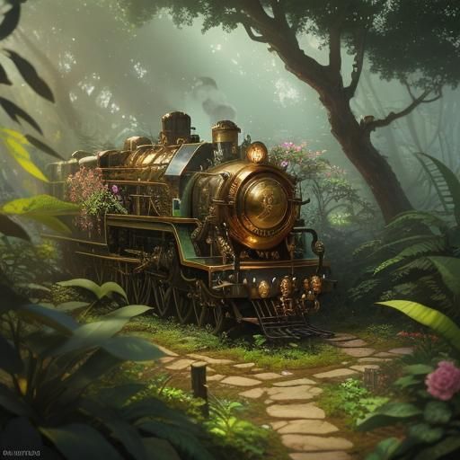 Steampunk Engine in Forest, Hyperrealistic Digital Art