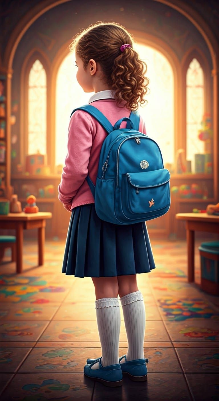 Jewish Girl's First Day of Kindergarten in Matte Painting St...