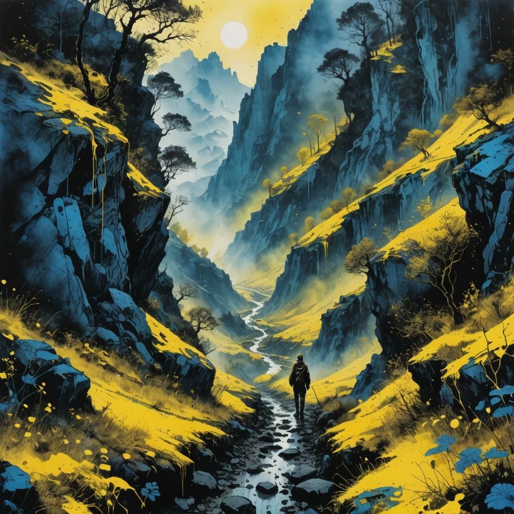 Misty Valley Path: Ink Splash Watercolor Masterpiece