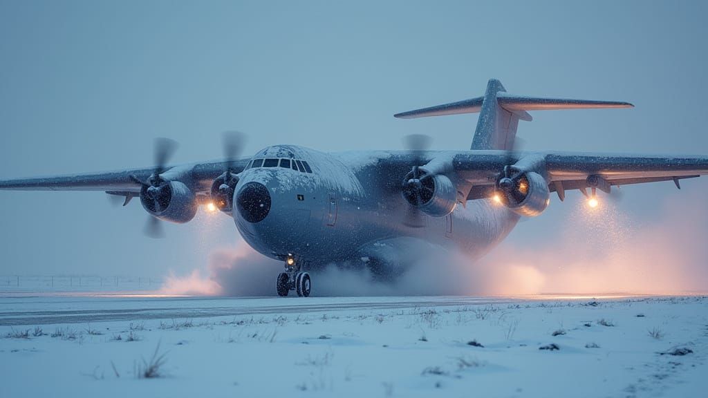 Cargo Plane Landing in Winter Storm, Concept Art Style