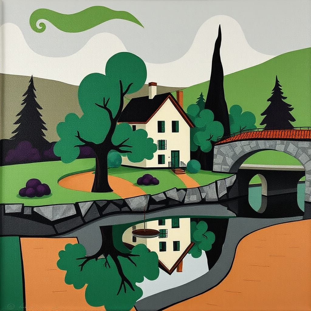 Cubist Riverscape with Home and Bridge