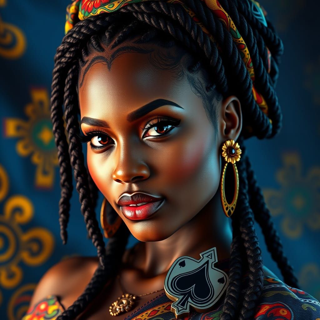 VOLOPTIOUS BLACK WOMAN IN TRADTIONAL AFRICAN ATTIRE WITH ACE OF SPADE LOGO