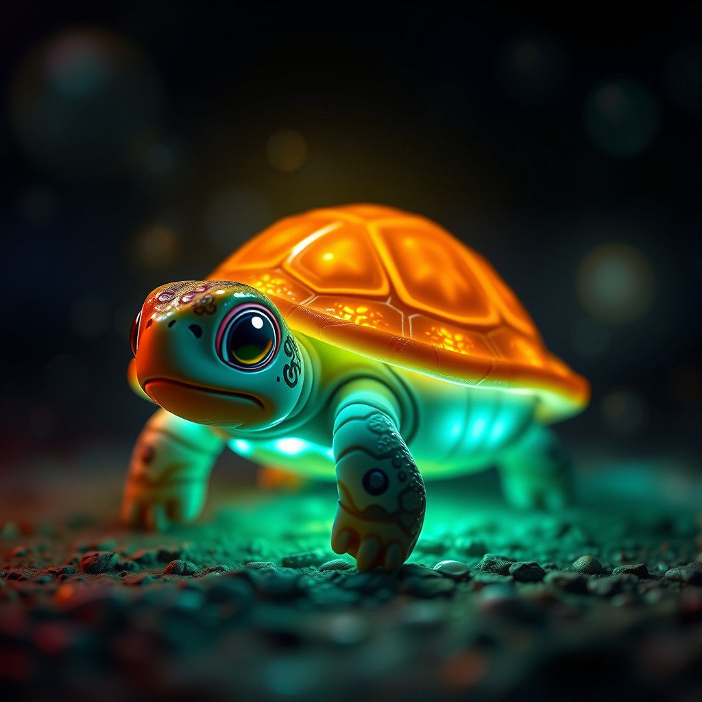 Radiant Chibi Turtle in a Luminous Macro World