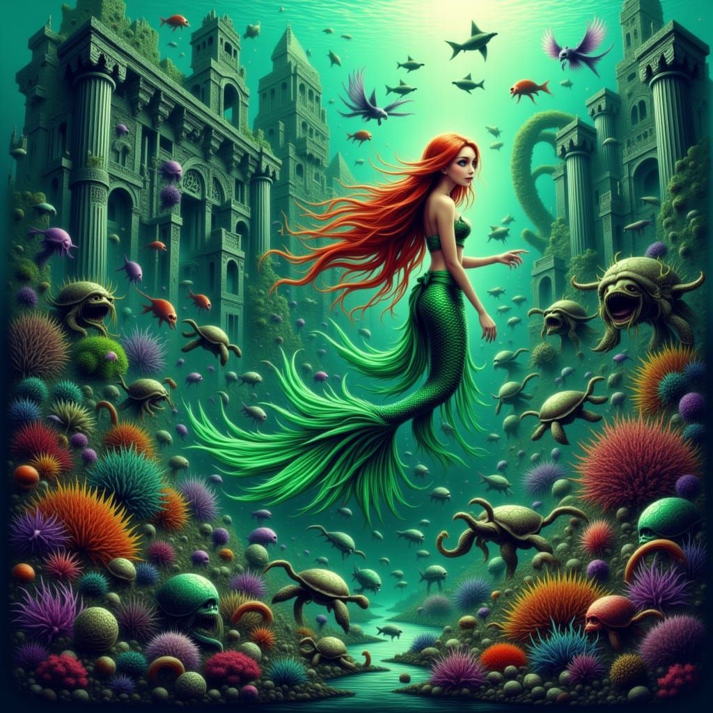Regal Mermaid Explores Sunken Atlantis Ruins