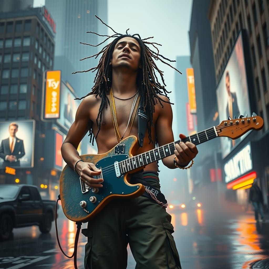 Cyberpunk Hippie Musician in Neon Cityscape