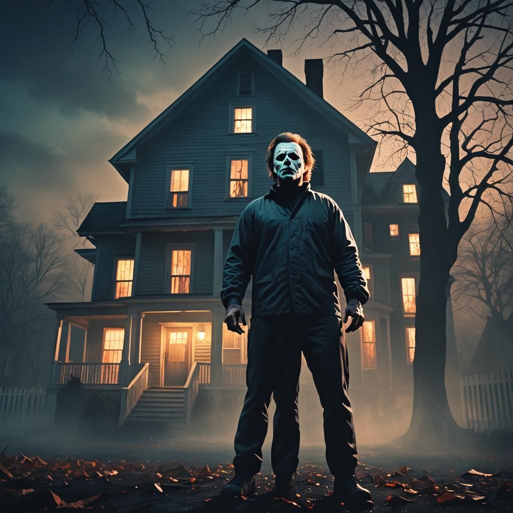 Ominous Horror Scene: Figure at Haunted House