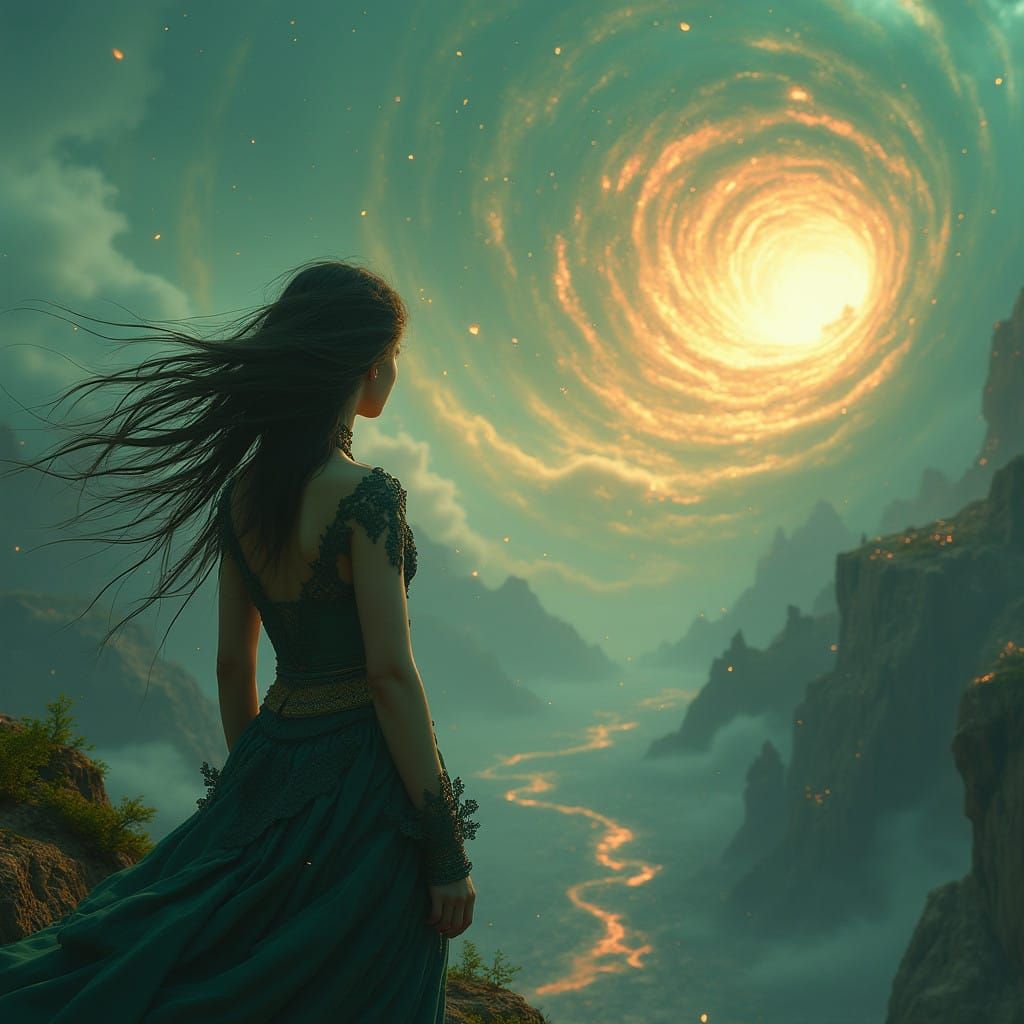 Girl on Cliff Contemplates Apocalypse in Epic, Swirling Land...