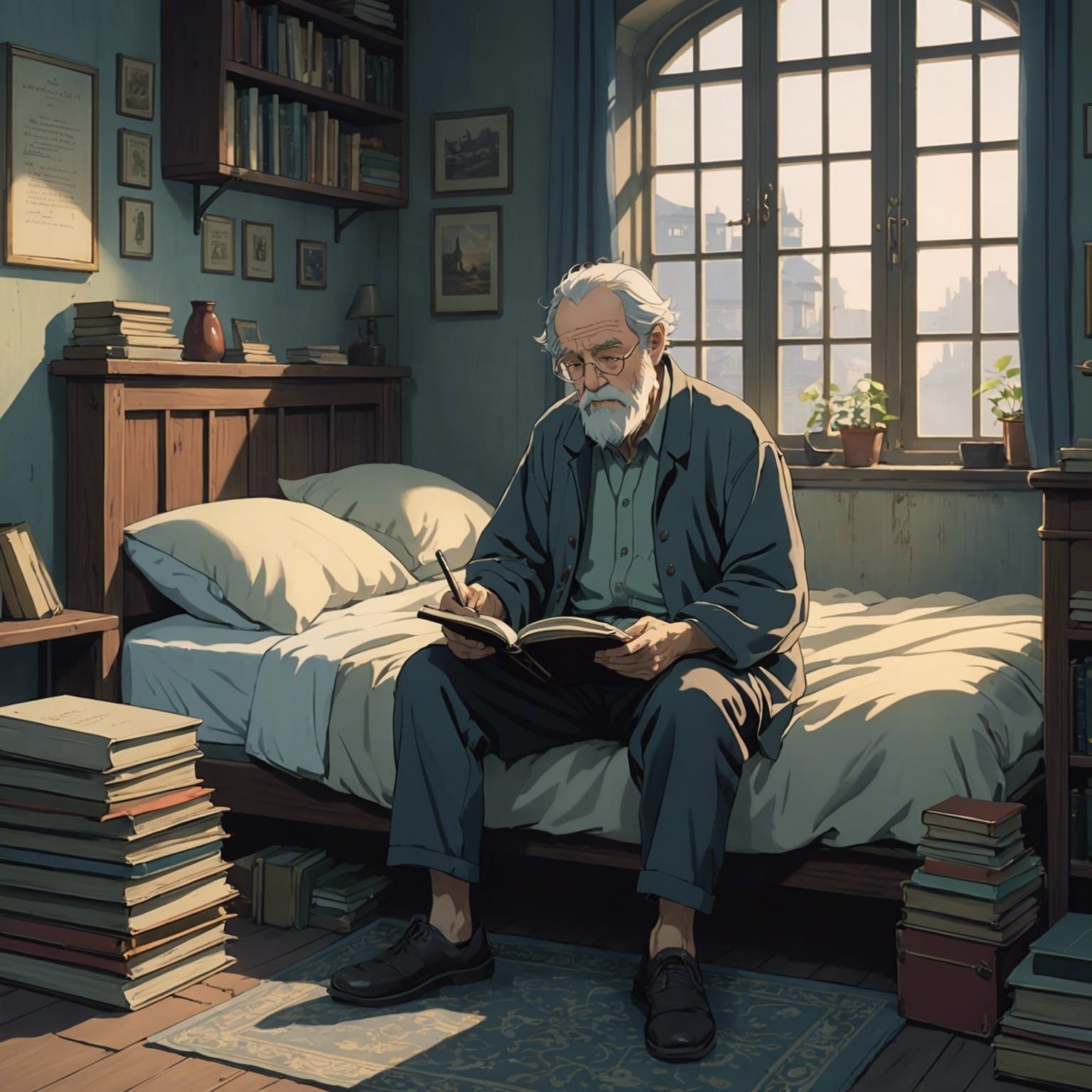 Old Man Writing Story: Ghibli-Style Anime Key Visual