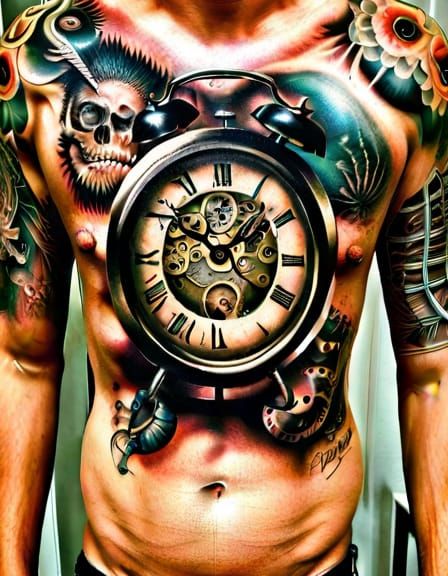 Detailed Clock Tattoo on Heavily Tattooed Man