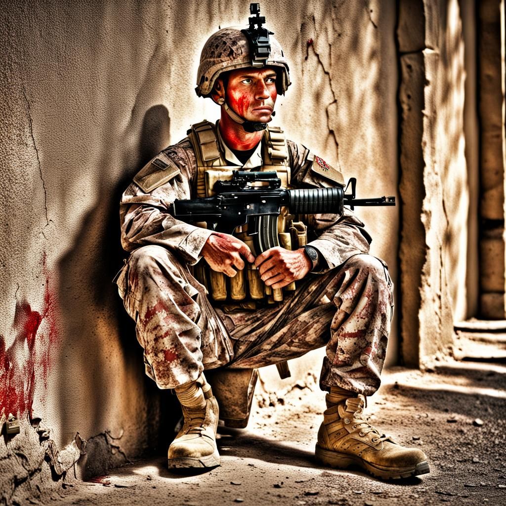 Wounded U.S. Marine in Afghanistan: Hyperrealistic Detail