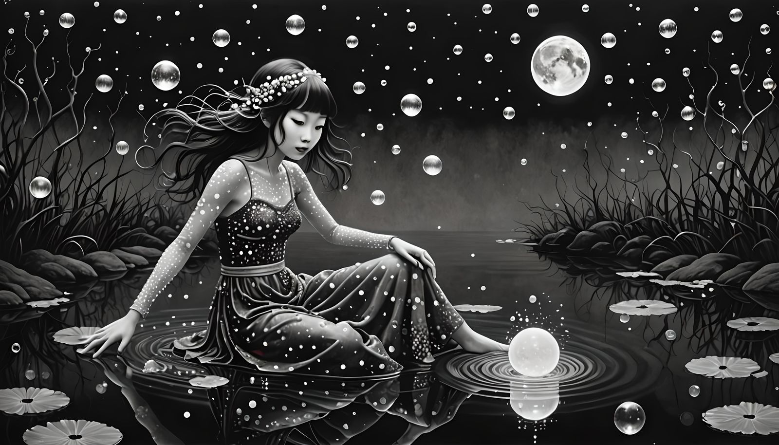 Moonlit Water Sprite Dance: Sumi-e Art