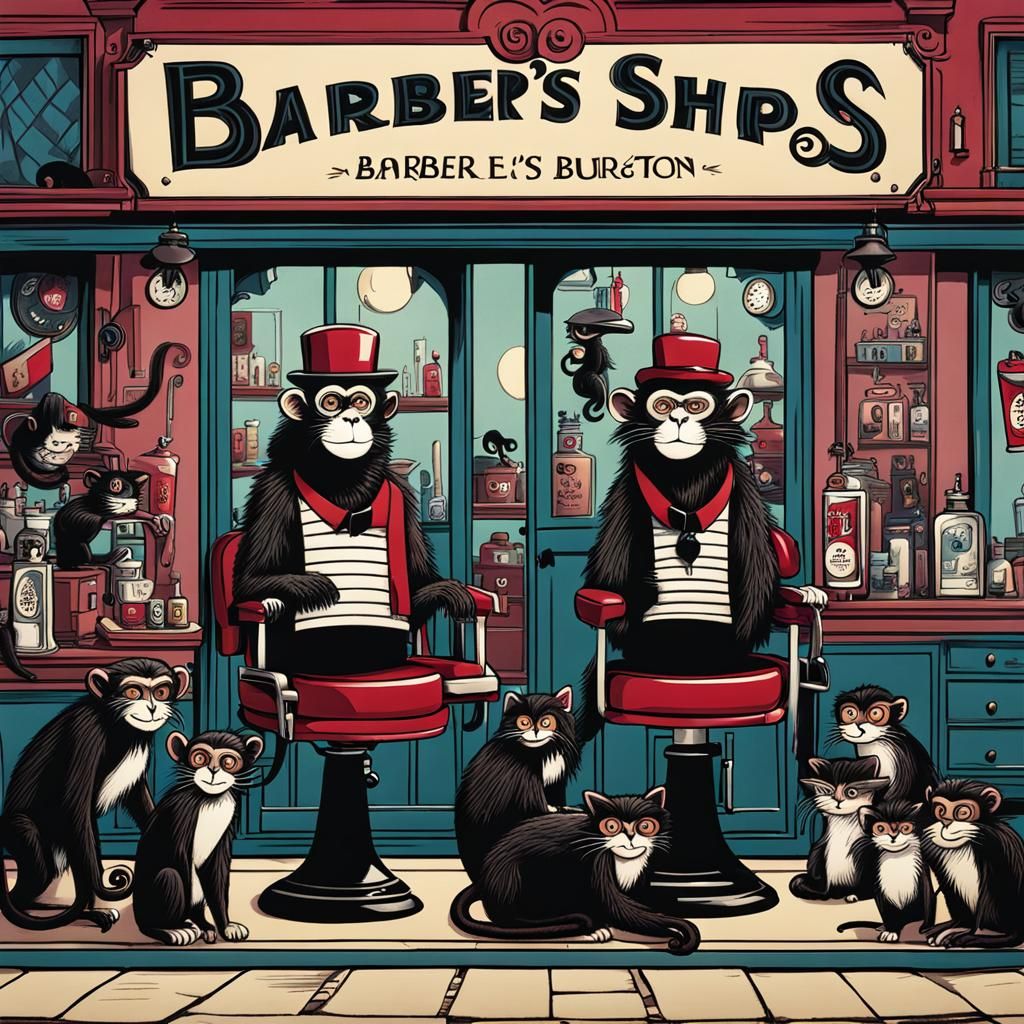 Barber Shop with Monkeys and Cats in Burton Style