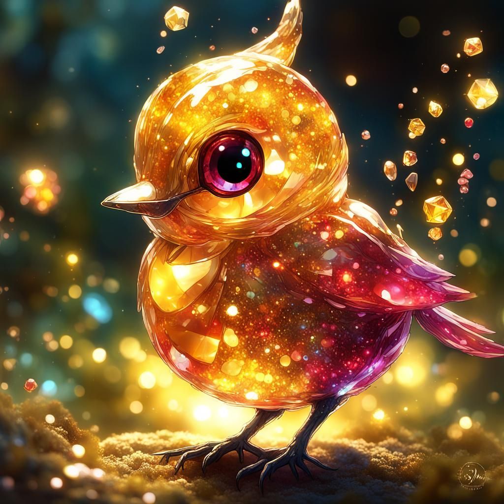 Glowing Citrine Ruby Bird in Enchanted Garden