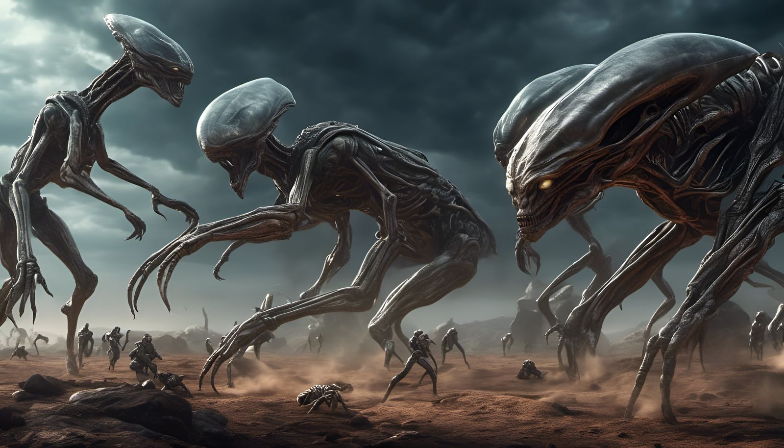 alien creatures fighting another specie on an alien planet.
