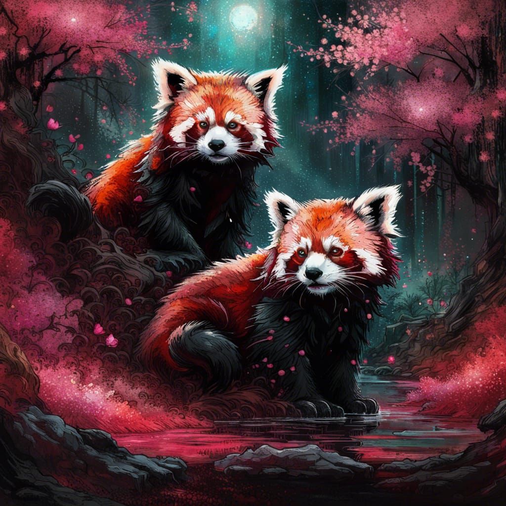 Crimson Red Panda in Sakura Forest