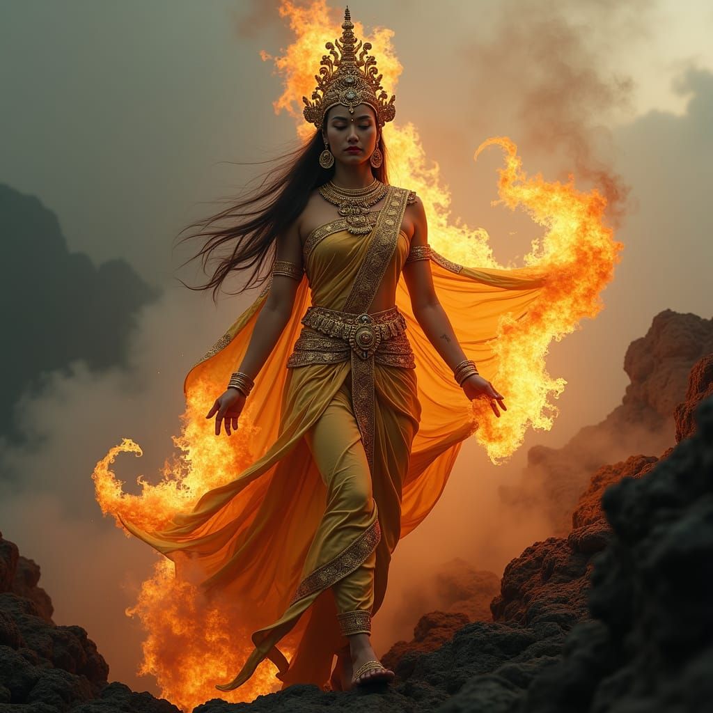 Indonesian Goddess of Fire in Golden Temple Attire