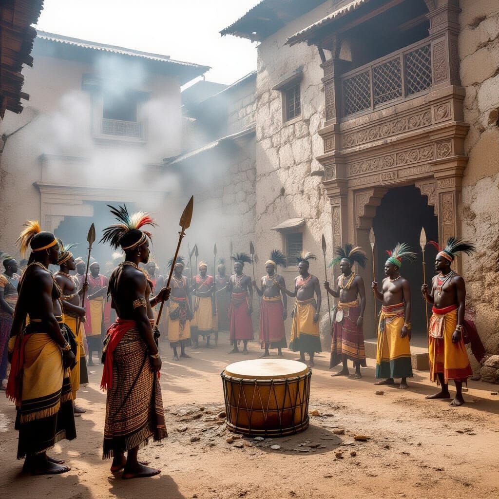 Misty African Courtyard: Warriors Mourning Silenced Rhythm