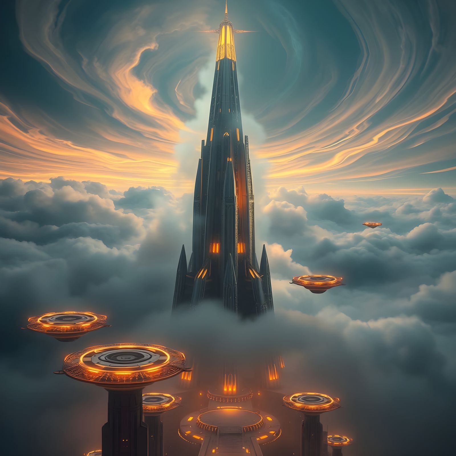 Majestic Silver-Gold Spire with Glowing Accents and Landing....