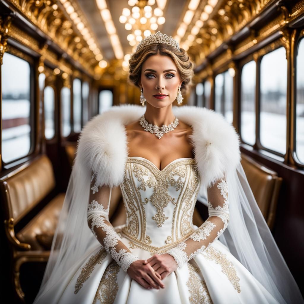 Baroque Bride and Golden Train in Winter