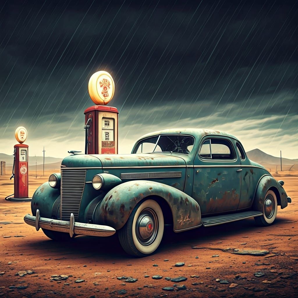Dilapidated 1936 Cadillac in Desert Town, Gritty Style