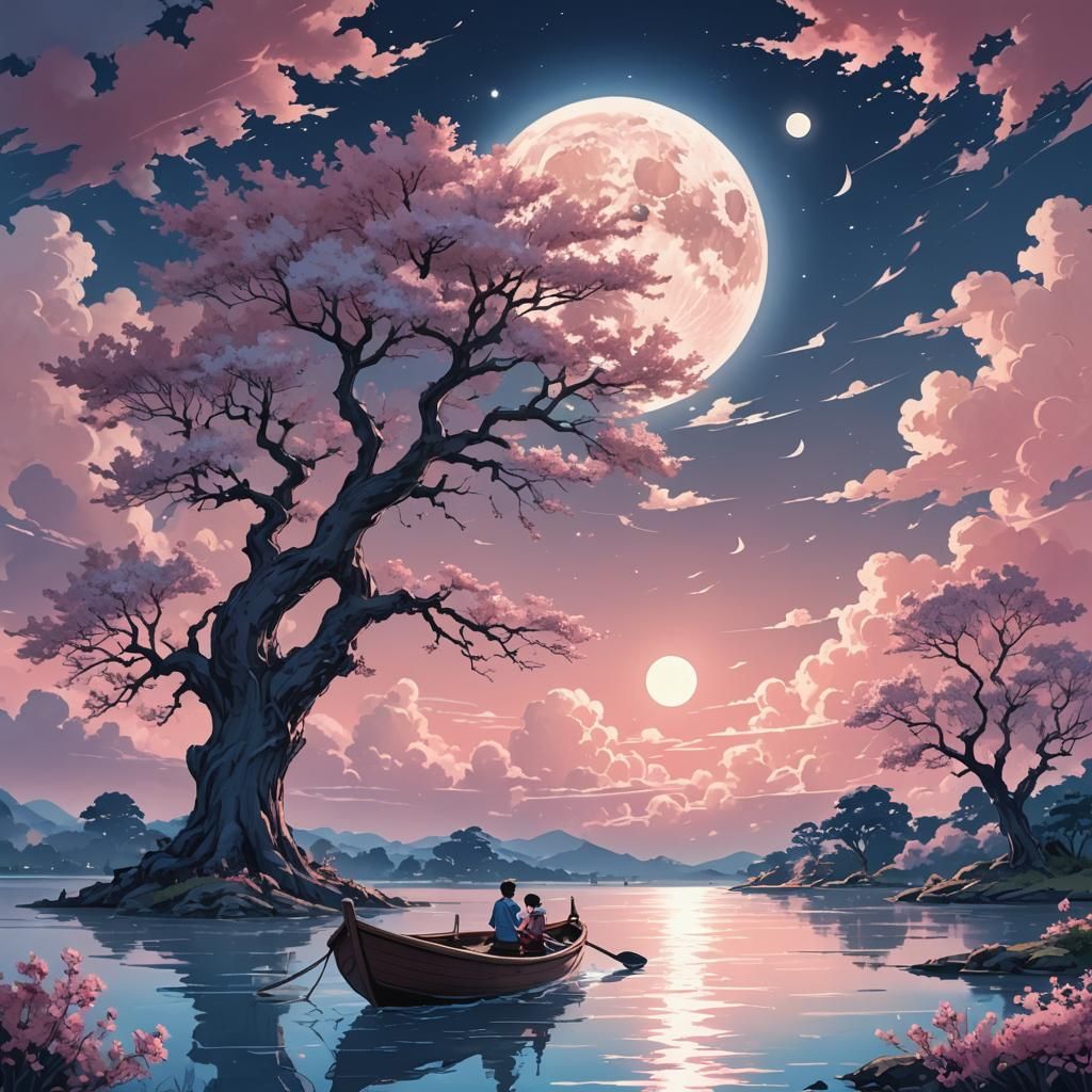 Magical Moonlight Boating Scene in Anime Style