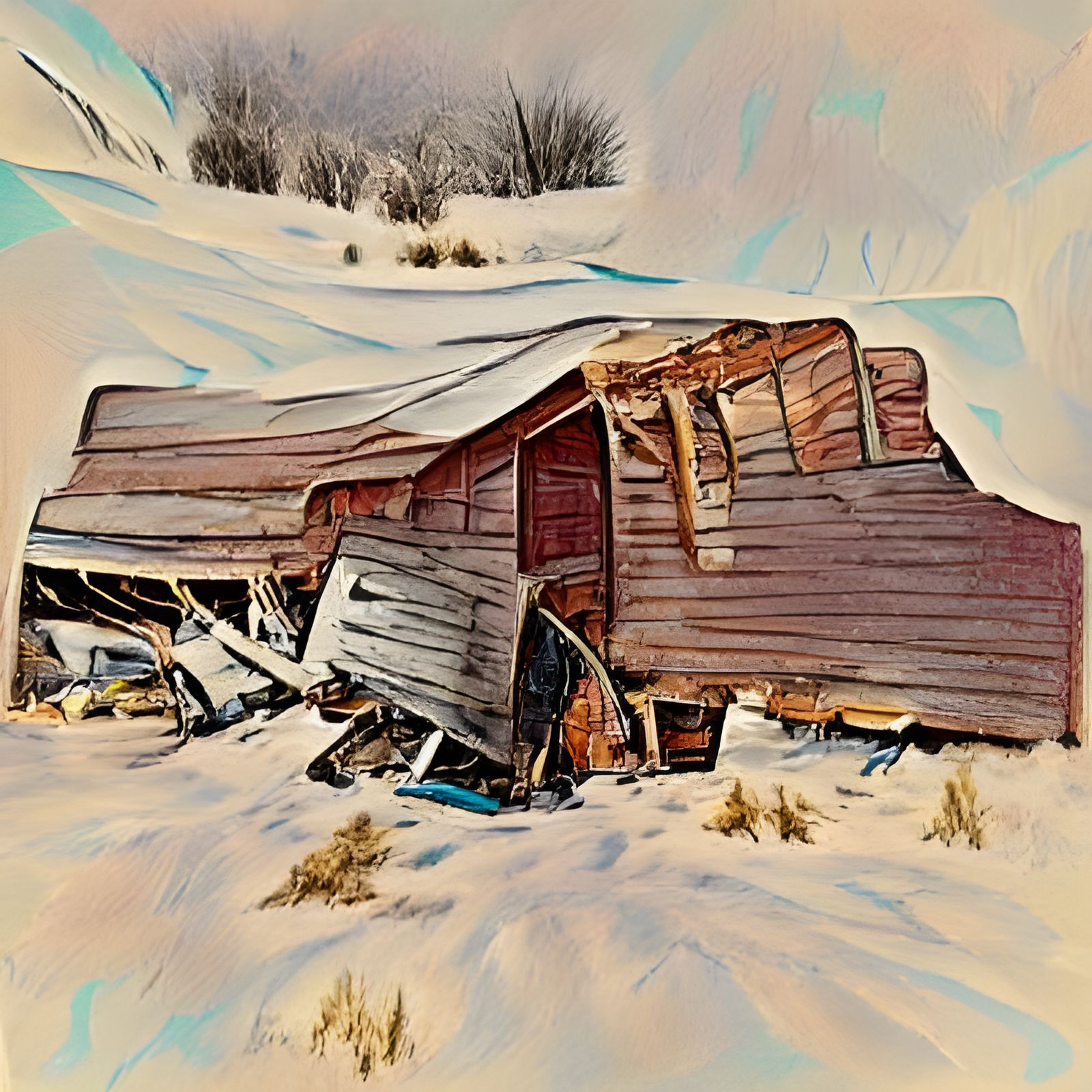 Snow-Burdened Shack in Remote Landscape