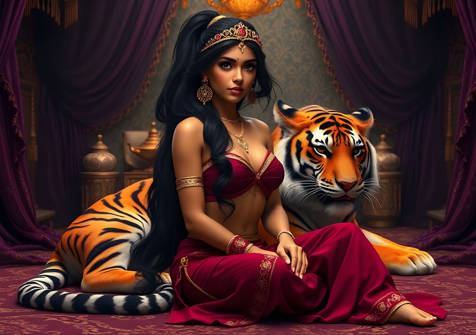 Princess Jasmine in Arabian Palace, Dark Fantasy Art